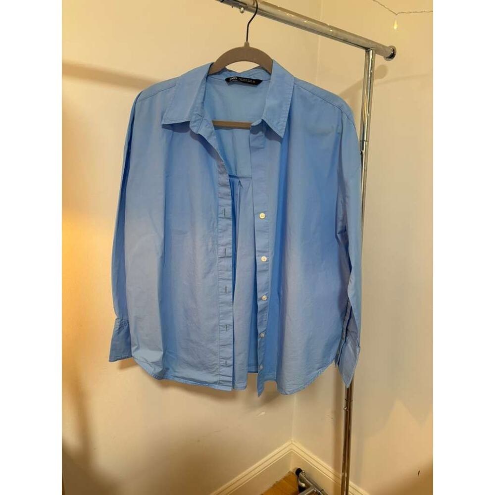 ZARA Women Blue Button Up Shirt Size M Oversized Long Sleeve Casual Top - Picture 3 of 8